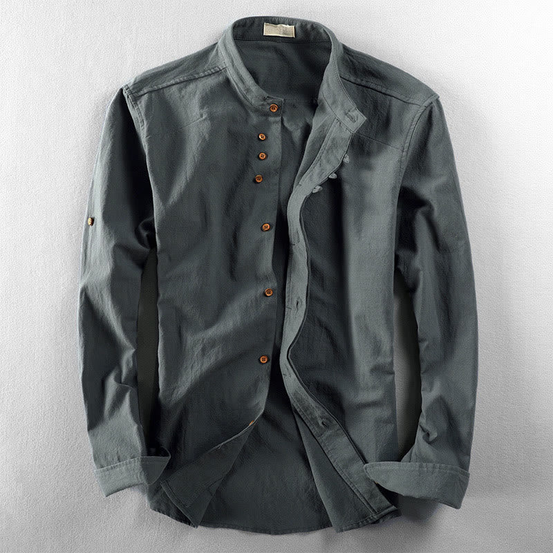 Buddha Stones Slim Fit Design Stand Collar Crew Neck Cotton Linen Men's Long Sleeve Shirt - CadetBlue - US/UK/AU48，EU58 (7XL) - image 10