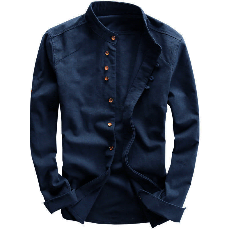 Buddha Stones Slim Fit Design Stand Collar Crew Neck Cotton Linen Men's Long Sleeve Shirt - image 1