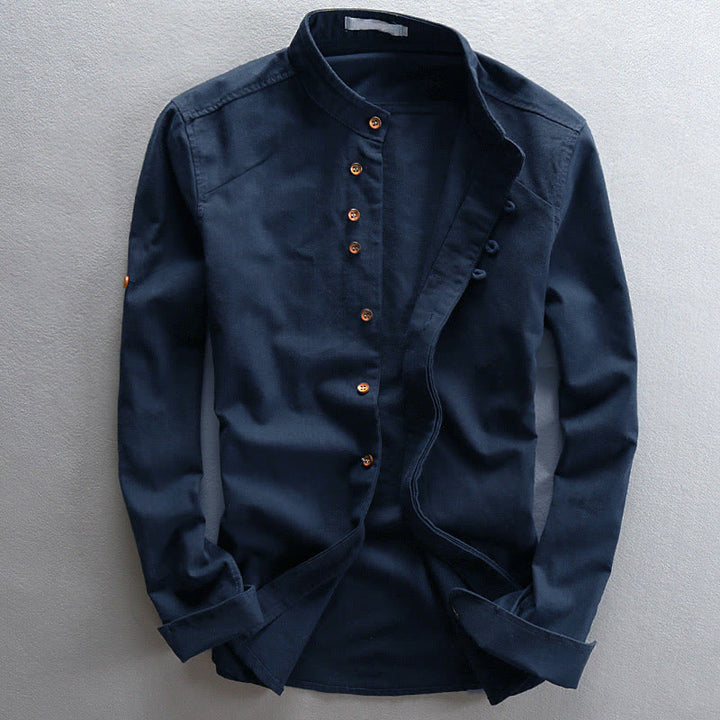 Buddha Stones Men's Slim Fit Design Stand Collar Crew Neck Long Sleeve Cotton Linen Shirt - MidnightBlue - US/UK/AU48，EU58 (7XL) - image 0