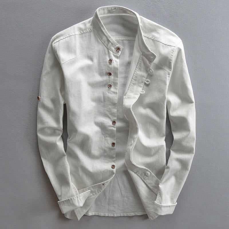 Buddha Stones Men's Slim Fit Design Stand Collar Crew Neck Long Sleeve Cotton Linen Shirt - White - US/UK/AU48，EU58 (7XL) - image 3