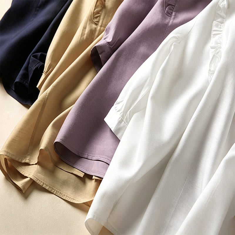 Buddha Stones Summer Elegant Vintage Button-up Solid Front Pleated Ruffle Women's Short Sleeve Shirts - image 30