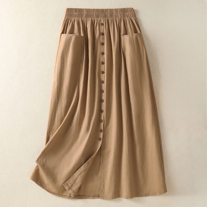 Buddha Stones Summer Casual Boho Button-Up Solid Women's Skirts With Pockets - Tan - US6, UK/AU10, EU38 (XL) - image 0