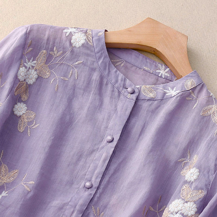 Buddha Stones Casual Embroidered Petals Spliced Women's Crew Neck Design Half Sleeve Shirt - image 1