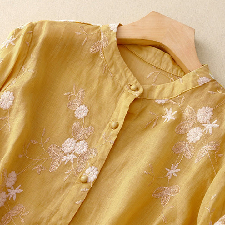 Buddha Stones Casual Embroidered Petals Spliced Women's Crew Neck Design Half Sleeve Shirt - image 8