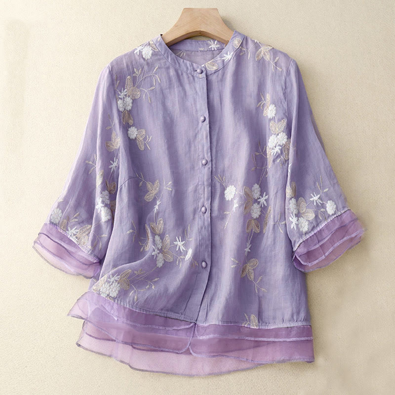 Buddha Stones Casual Embroidered Petals Spliced Women's Crew Neck Design Half Sleeve Shirt - Plum - US8-10，UK/AU12-14，EU40-42 (2XL) - image 0