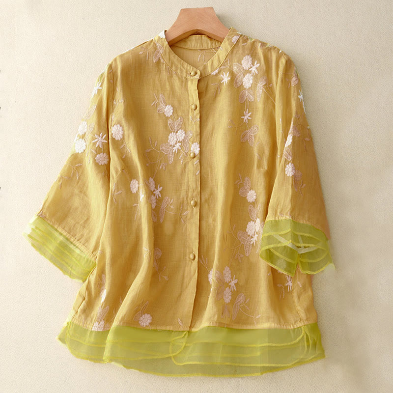 Buddha Stones Casual Embroidered Petals Spliced Women's Crew Neck Design Half Sleeve Shirt - Khaki - US8-10，UK/AU12-14，EU40-42 (2XL) - image 7