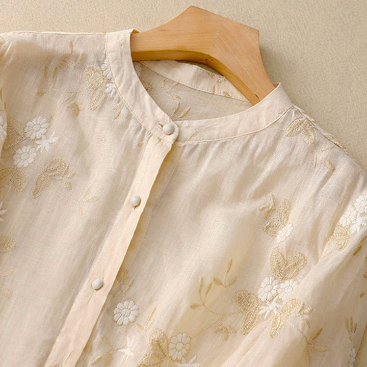 Buddha Stones Casual Embroidered Petals Spliced Women's Crew Neck Design Half Sleeve Shirt - image 4