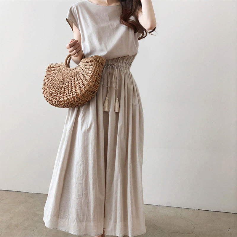 Buddha Stones Casual Eastic Waist Drawstring Design Short Sleeve Midi Dress - Linen - US8-10，UK/AU12-14，EU40-42 (2XL) - image 0