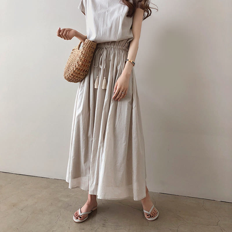 Buddha Stones Casual Eastic Waist Drawstring Design Short Sleeve Midi Dress - image 2