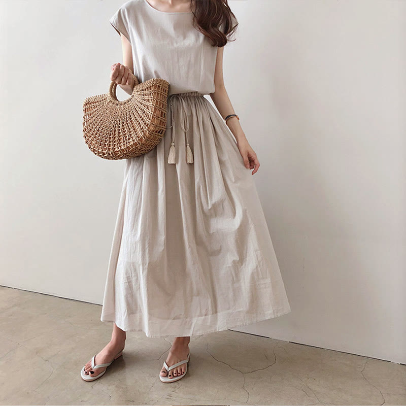 Buddha Stones Casual Eastic Waist Drawstring Design Short Sleeve Midi Dress - image 3