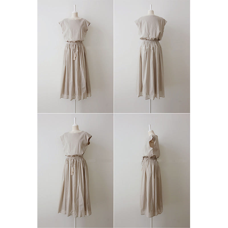 Buddha Stones Casual Eastic Waist Drawstring Design Short Sleeve Midi Dress - image 10