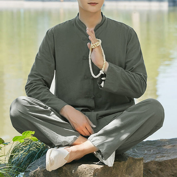 Spiritual Zen Practice Yoga Meditation Prayer Clothing Cotton Linen Men's Set - Dark Green - US/UK/AU48，EU58 (6XL) - image 0