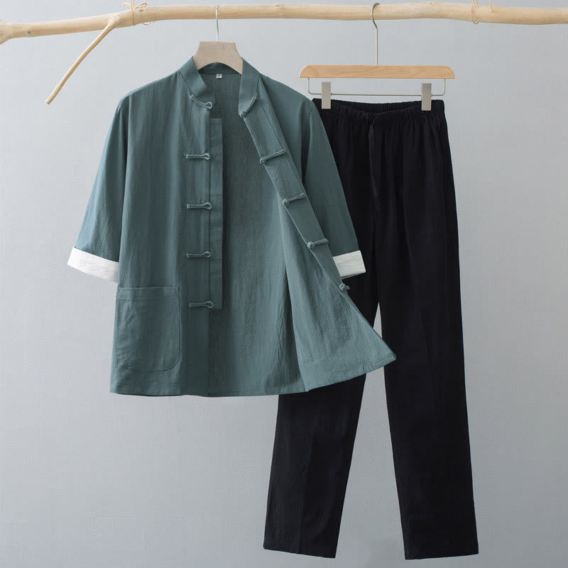 Buddha Stones Traditional Frog Tang Suit Cotton Half Sleeve Top Pants Clothing Men's Set - Green Top&Black Pants - US/UK/AU44，EU54 (4XL)  - image 0