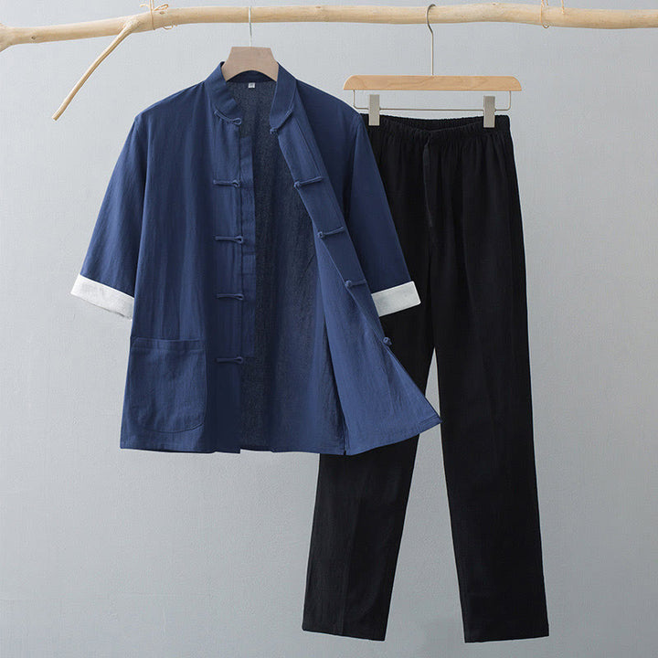 Buddha Stones Traditional Frog Tang Suit Cotton Half Sleeve Top Pants Clothing Men's Set - Navy Blue Top&Black Pants - US/UK/AU44，EU54 (4XL)  - image 7