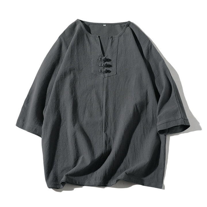 Buddha Stones 2Pcs Plain Notched Collar T-Shirt Wide Leg Shorts With Pockets Men's Meditation Cloth Set - image 1