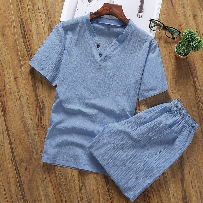 Buddha Stones Casual 2Pcs Plain Sleeve T-Shirt Shorts With Pockets Cotton Linen Men's Meditation Cloth Set - DeepSkyBlue - US/UK/AU46，EU56 (5XL) - image 8