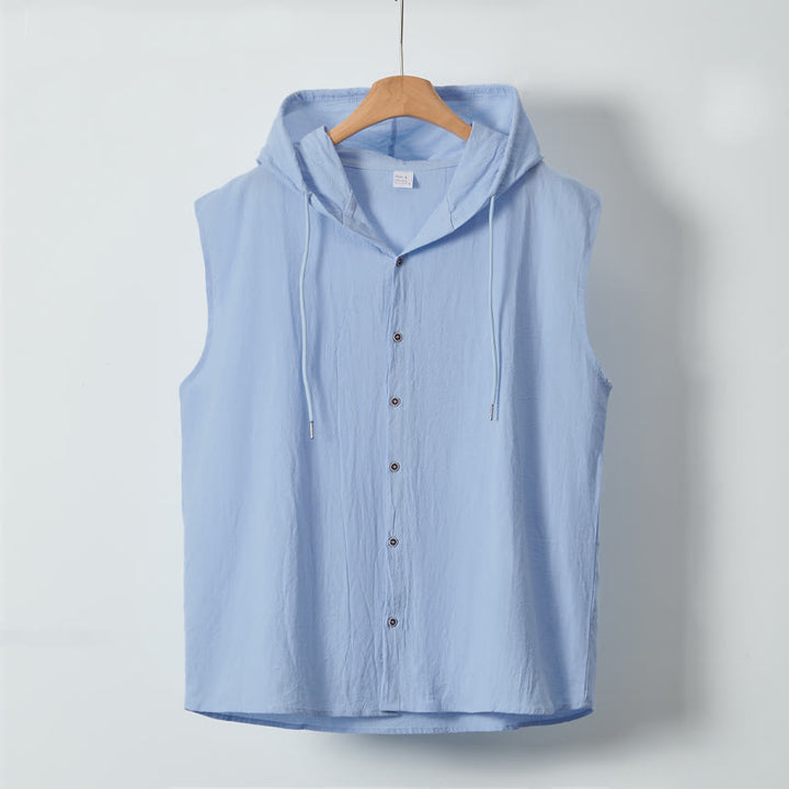 Buddha Stones Summer Casual Minimalist Button-Up Drawstring Solid Tank Top Men's Sleeveless Shirts - LightBlue - US/UK/AU46, EU56 (3XL) - image 0