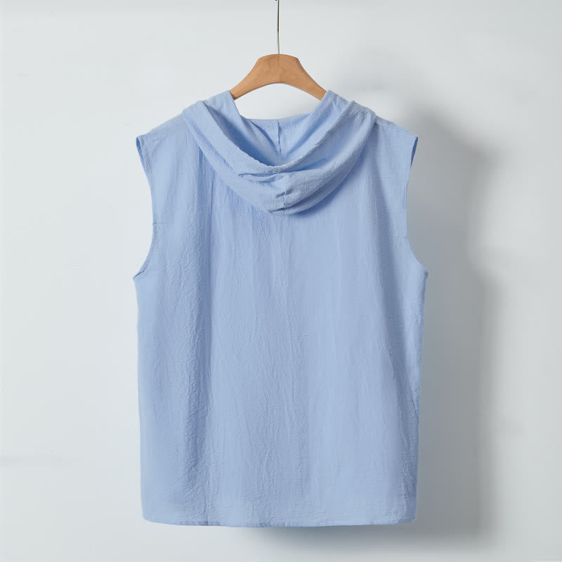 Buddha Stones Summer Casual Minimalist Button-Up Drawstring Solid Tank Top Men's Sleeveless Shirts - image 1