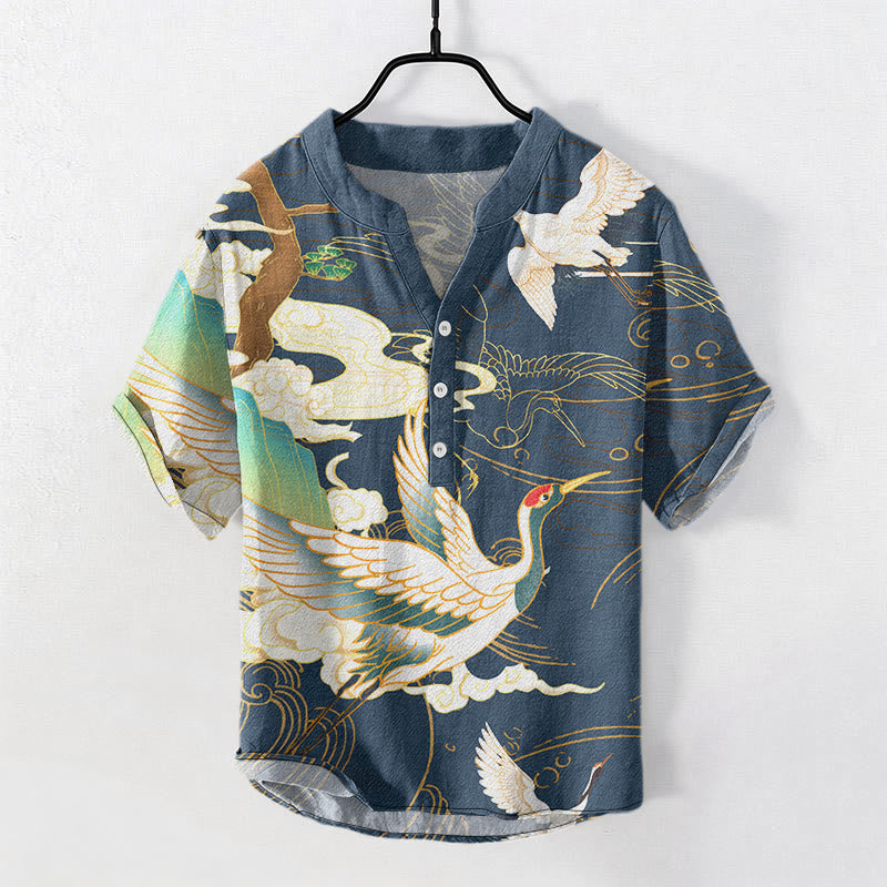 Buddha Stones Cotton Crane Auspicious Clouds Pine Pattern Men's Short Sleeve Half Button Shirt - SteelBlue - US/UK/AU50，EU60 (5XL) - image 4