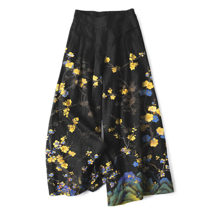 Buddha Stones Cotton Linen Vintage Yellow Floral Pattern Women's Elastic Waist Wide Leg Pants With Pockets - Black - US16，UK/AU20，EU48 (3XL) - image 0