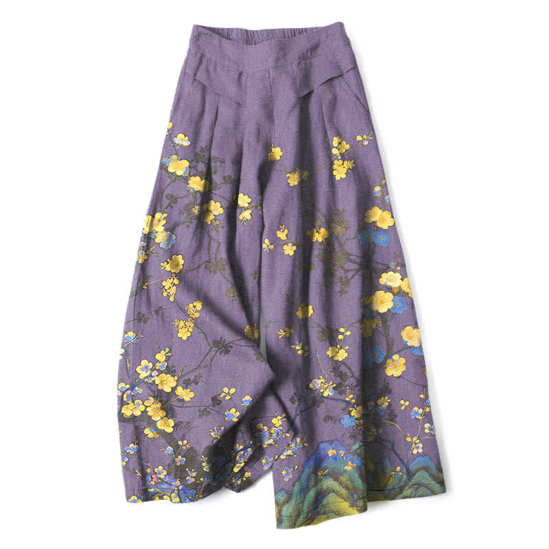 Buddha Stones Cotton Linen Vintage Yellow Floral Pattern Women's Elastic Waist Wide Leg Pants With Pockets - MediumPurple - US16，UK/AU20，EU48 (3XL) - image 6