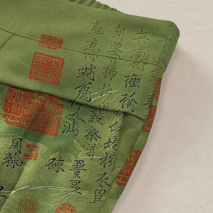 Buddha Stones Cotton Linen Vintage Script Pattern Women's Elastic Waist Wide Leg Pants With Pockets - image 2