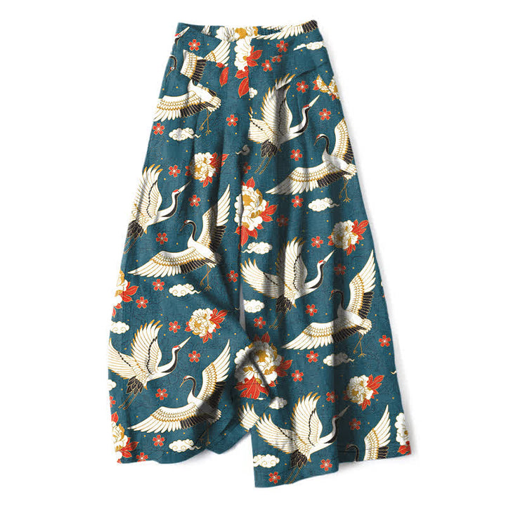 Buddha Stones Cotton Linen Crane Blossom Pattern Women's Elastic Waist Wide Leg Pants With Pockets - Teal - US16，UK/AU20，EU48 (3XL) - image 0
