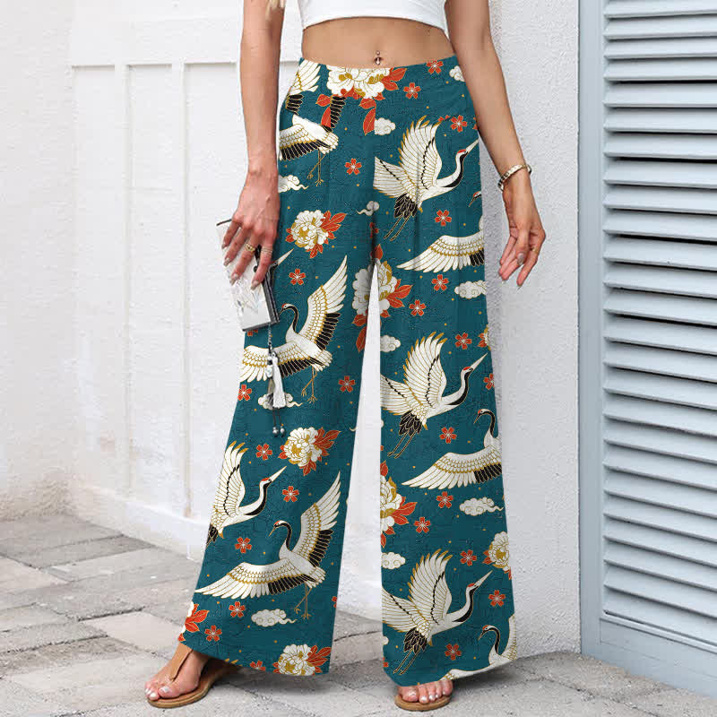 Buddha Stones Cotton Linen Crane Blossom Pattern Women's Elastic Waist Wide Leg Pants With Pockets - image 1