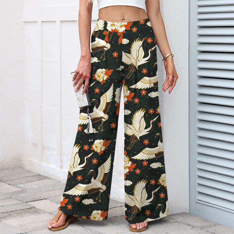 Buddha Stones Cotton Linen Crane Blossom Pattern Women's Elastic Waist Wide Leg Pants With Pockets - image 7