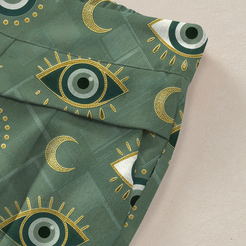 Buddha Stones Cotton Linen Evil Eye Moon Pattern Women's Elastic Waist Wide Leg Pants With Pockets - image 2