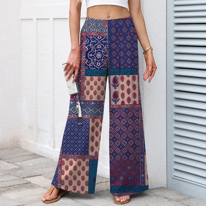 Buddha Stones Cotton Linen Vintage Floral Pattern Women's Elastic Waist Wide Leg Pants With Pockets - image 5