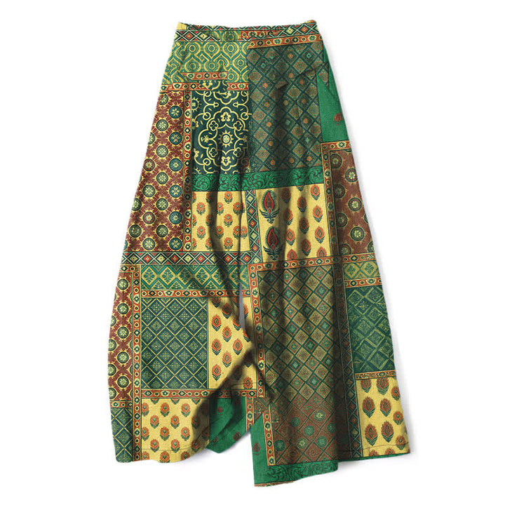Buddha Stones Cotton Linen Vintage Floral Pattern Women's Elastic Waist Wide Leg Pants With Pockets - DarkOliveGreen - US16，UK/AU20，EU48 (3XL) - image 6