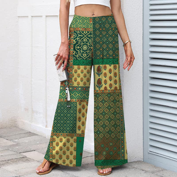 Buddha Stones Cotton Linen Vintage Floral Pattern Women's Elastic Waist Wide Leg Pants With Pockets - image 7