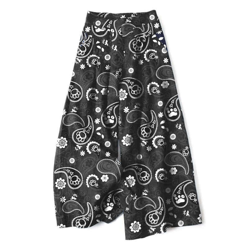 Buddha Stones Cotton Linen Vintage Paisley Floral Pattern Women's Elastic Waist Wide Leg Pants With Pockets - Black - US16，UK/AU20，EU48 (3XL) - image 4