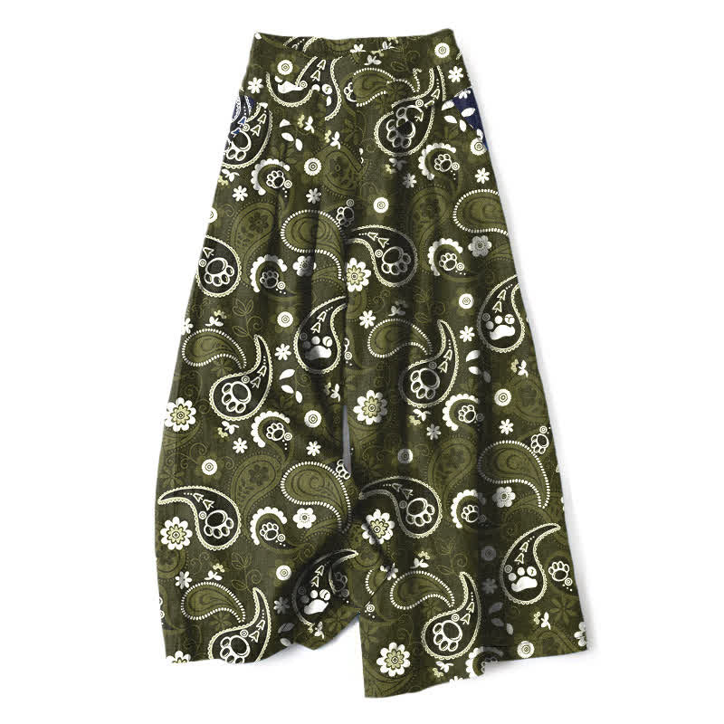 Buddha Stones Cotton Linen Vintage Paisley Floral Pattern Women's Elastic Waist Wide Leg Pants With Pockets - DarkOliveGreen - US16，UK/AU20，EU48 (3XL) - image 6