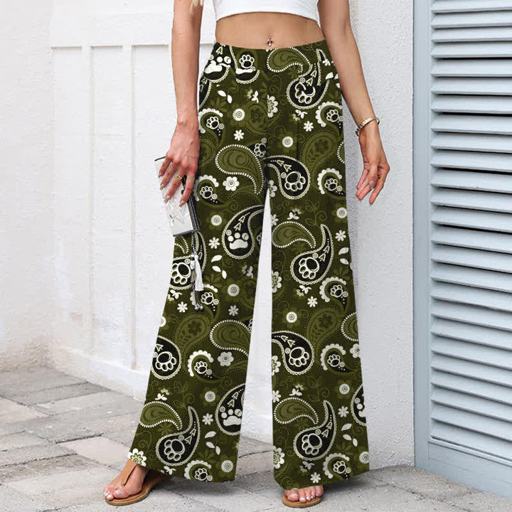 Buddha Stones Cotton Linen Vintage Paisley Floral Pattern Women's Elastic Waist Wide Leg Pants With Pockets - image 7