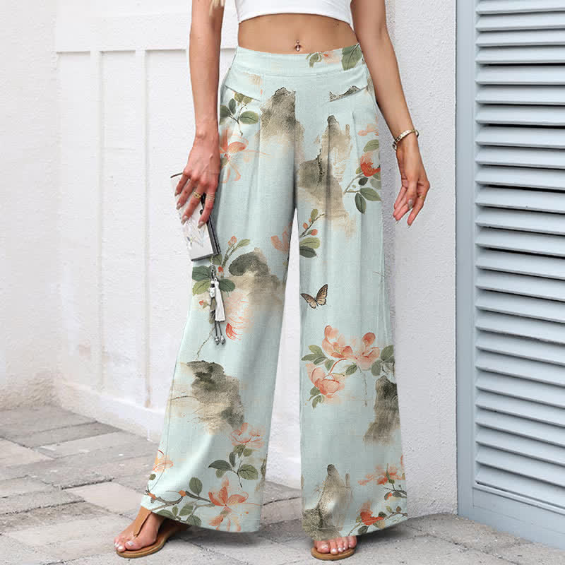 Buddha Stones Cotton Linen Vintage Floral Pattern Women's Elastic Waist Wide Leg Pants With Pockets - image 5