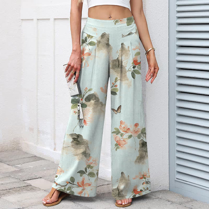 Buddha Stones Cotton Linen Vintage Floral Pattern Women's Elastic Waist Wide Leg Pants With Pockets - image 5
