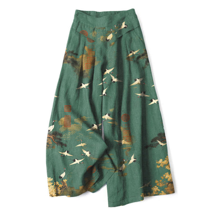 Buddha Stones Cotton Linen White Crane Floral Pattern Women's Elastic Waist Wide Leg Pants With Pockets - SeaGreen - US16，UK/AU20，EU48 (3XL) - image 0