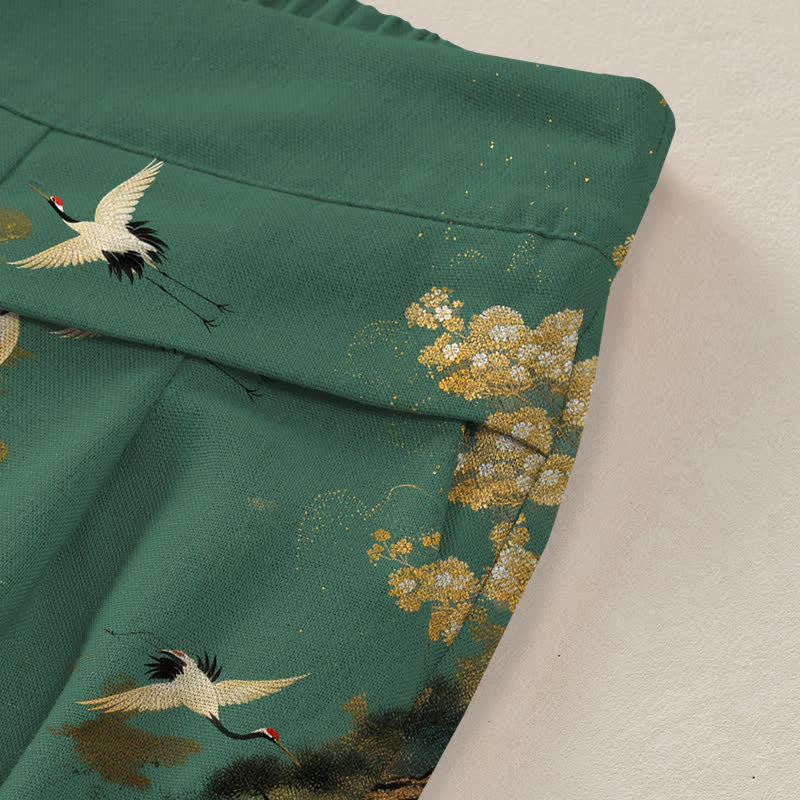 Buddha Stones Cotton Linen White Crane Floral Pattern Women's Elastic Waist Wide Leg Pants With Pockets - image 2