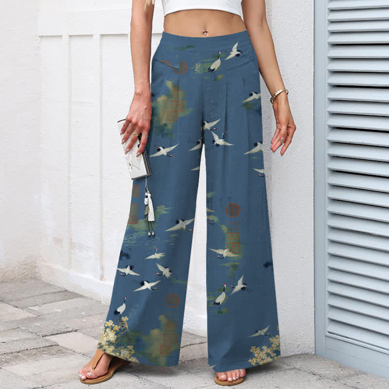 Buddha Stones Cotton Linen White Crane Floral Pattern Women's Elastic Waist Wide Leg Pants With Pockets - image 7