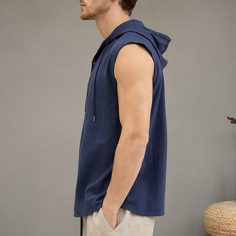 Buddha Stones Summer Casual Minimalist Button-Up Drawstring Solid Tank Top Men's Sleeveless Shirts - image 22