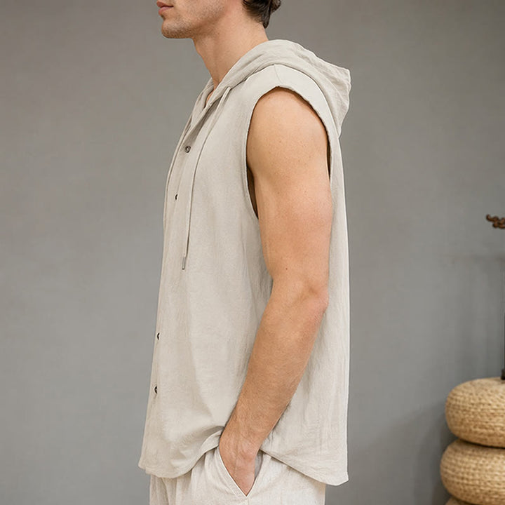 Buddha Stones Summer Casual Minimalist Button-Up Drawstring Solid Tank Top Men's Sleeveless Shirts - image 12