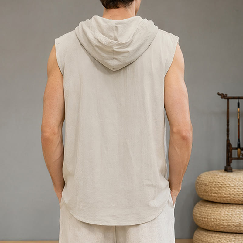 Buddha Stones Summer Casual Minimalist Button-Up Drawstring Solid Tank Top Men's Sleeveless Shirts - image 13