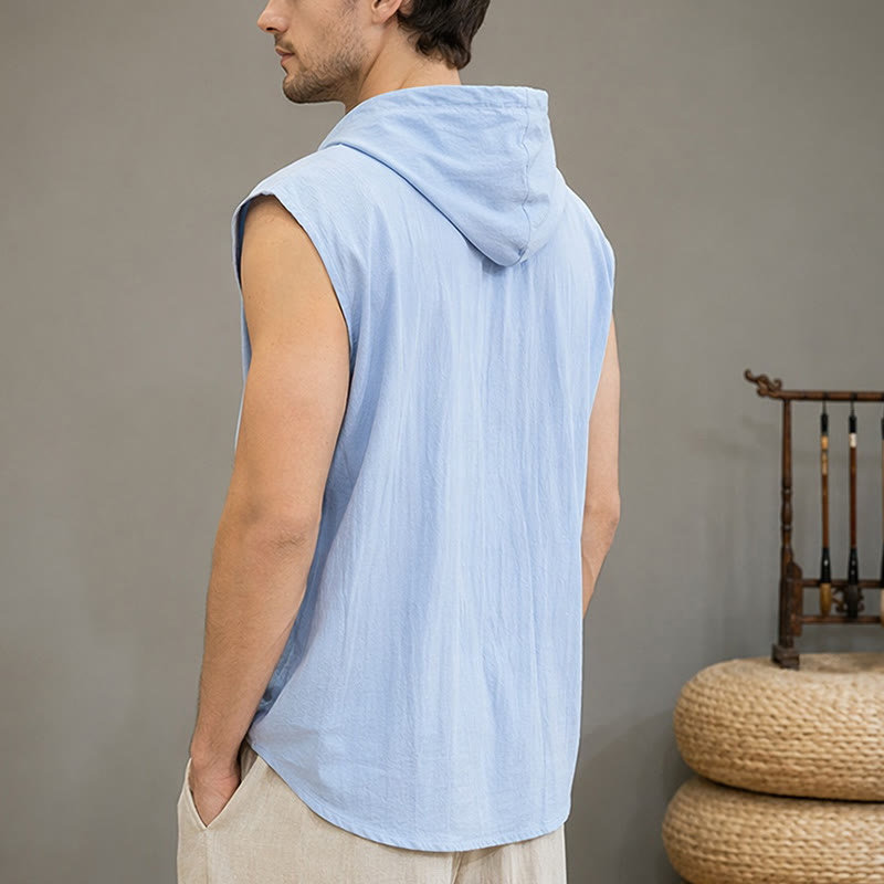 Buddha Stones Summer Casual Minimalist Button-Up Drawstring Solid Tank Top Men's Sleeveless Shirts - image 2