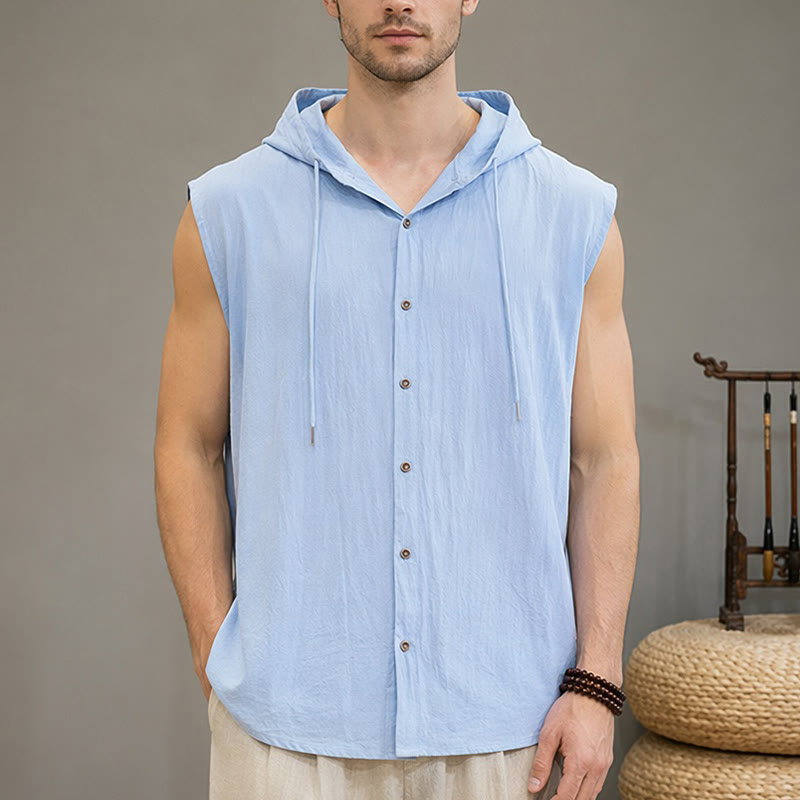 Buddha Stones Summer Casual Minimalist Button-Up Drawstring Solid Tank Top Men's Sleeveless Shirts - LightBlue - US/UK/AU46, EU56 (3XL) - image 0