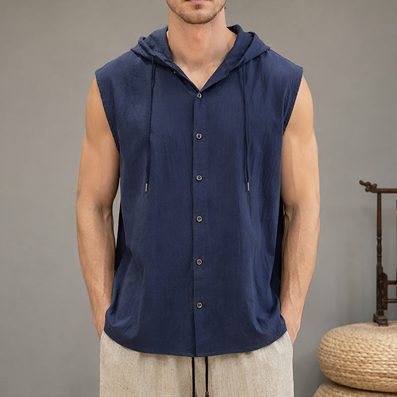 Buddha Stones Summer Casual Minimalist Button-Up Drawstring Solid Tank Top Men's Sleeveless Shirts - MidnightBlue - US/UK/AU46, EU56 (3XL) - image 20
