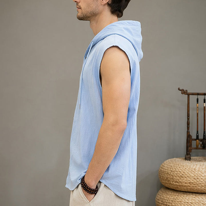 Buddha Stones Summer Casual Minimalist Button-Up Drawstring Solid Tank Top Men's Sleeveless Shirts - image 3