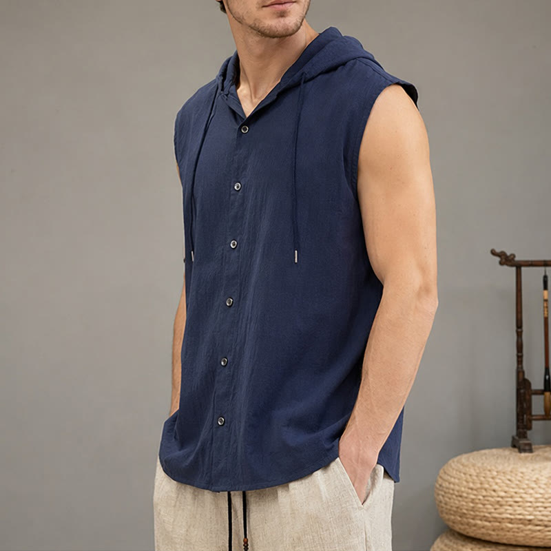 Buddha Stones Summer Casual Minimalist Button-Up Drawstring Solid Tank Top Men's Sleeveless Shirts - image 21