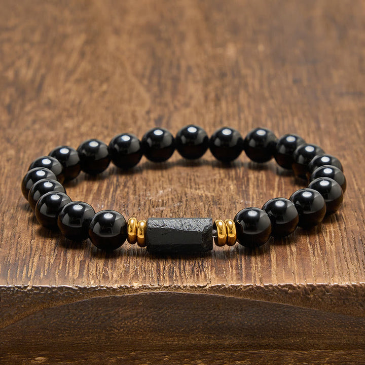 Buddha Stones Black Obsidian Black Tourmaline Protection Minimalist Round Bead Bracelet - Black Obsidian&Black Tourmaline (Raw elongated form · size varies) - 8mm (Wrist Circumference: 15-16cm) - image 8